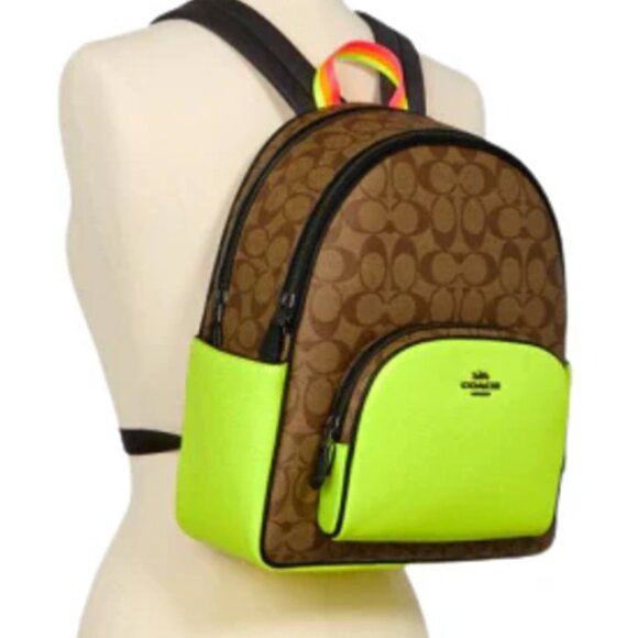 Court Backpack In Colorblock Signature Canvas C5808 Neon Lime Glo Multi - Picture 1 of 7